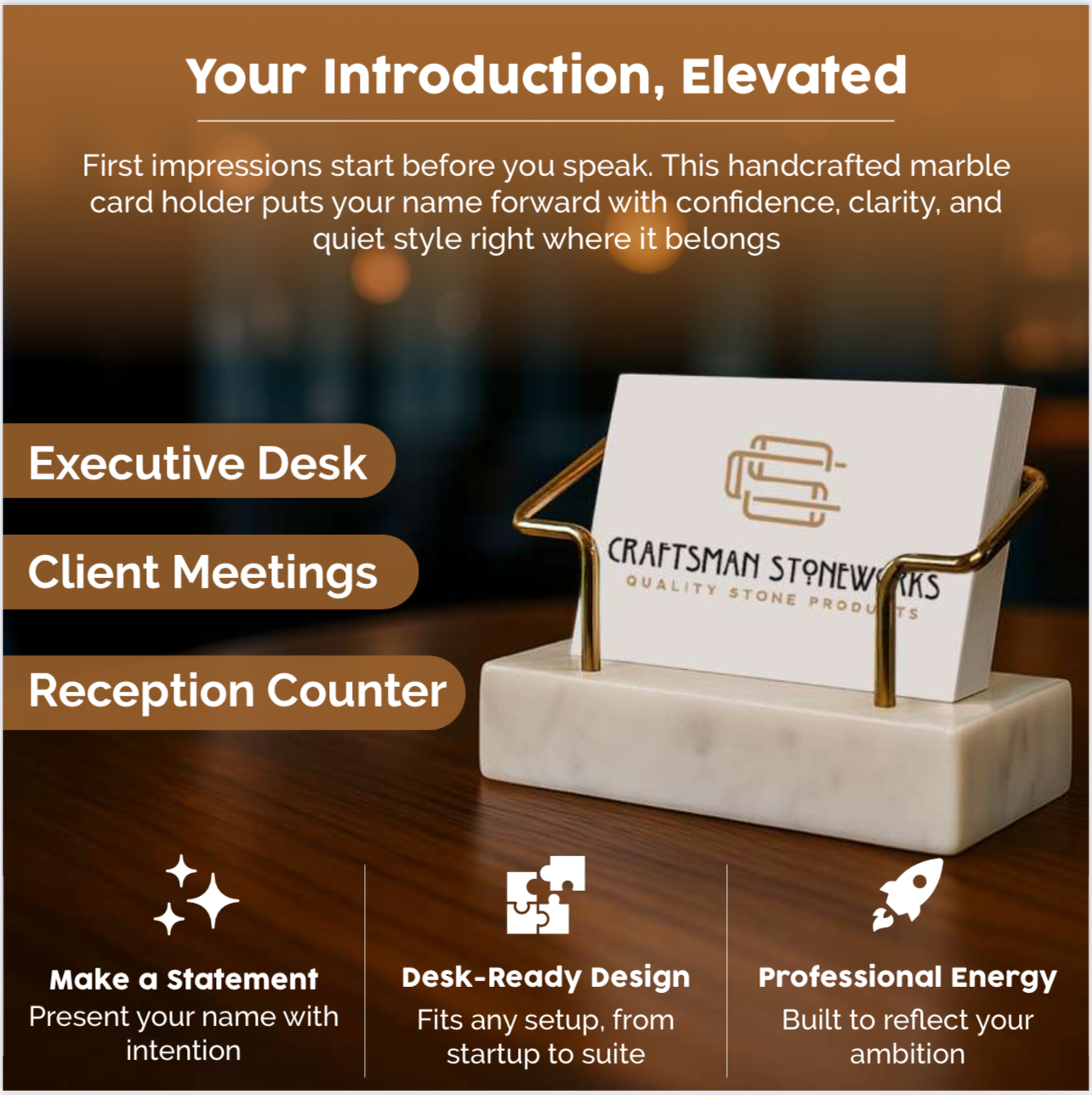 White marble business card holder with gold wire frame