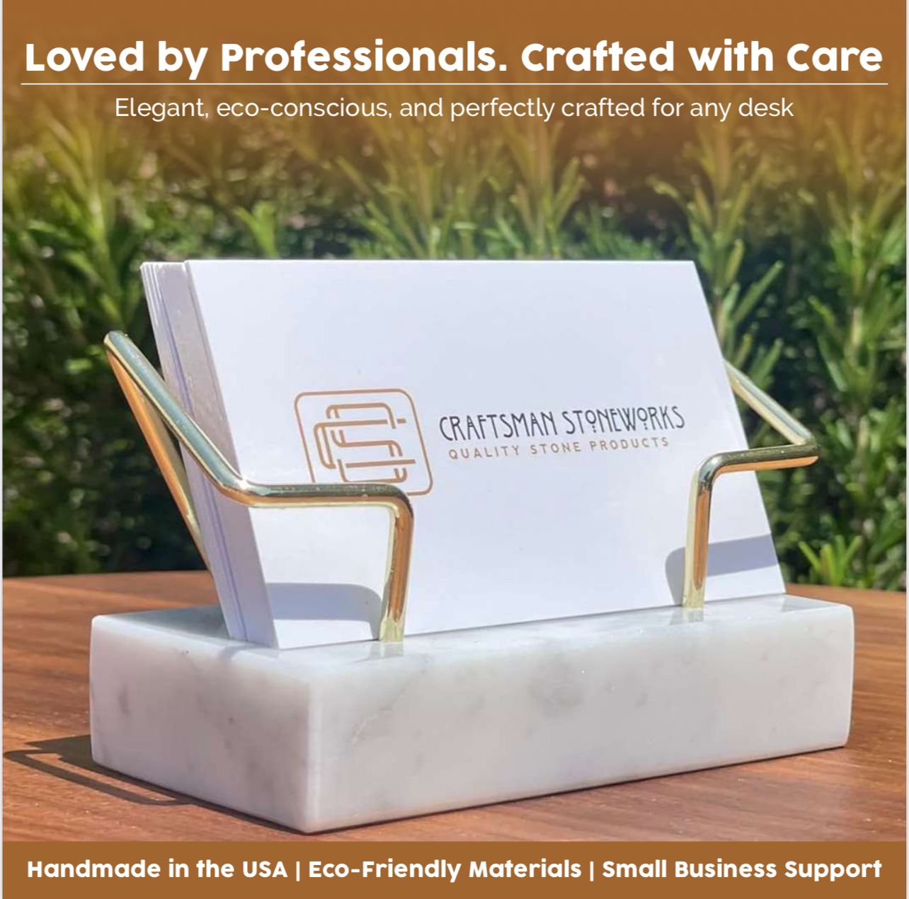 White marble business card holder with gold wire frame