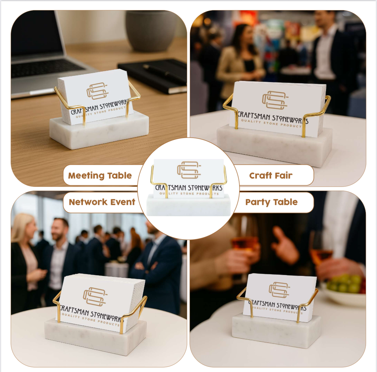 White marble business card holder with gold wire frame
