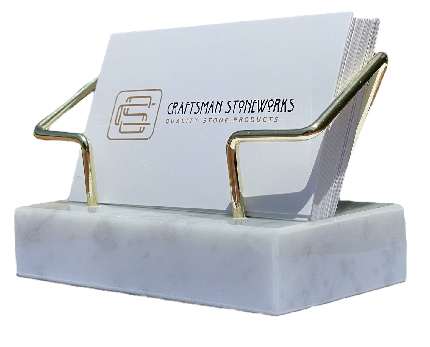 White marble business card holder with gold wire frame