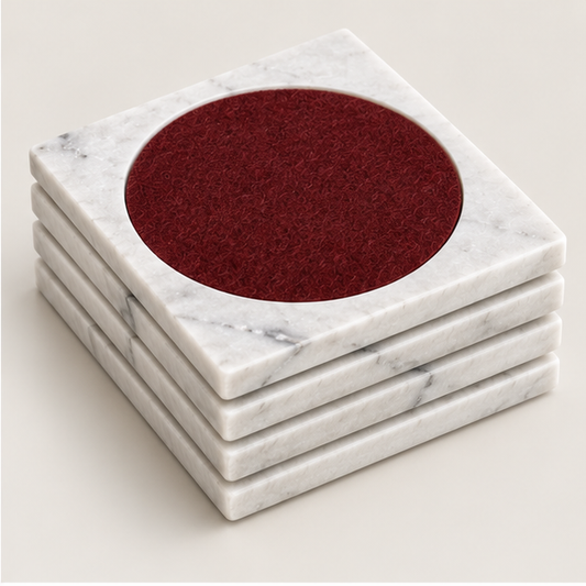 White Carrara marble coasters with brick felt inset, set of 4