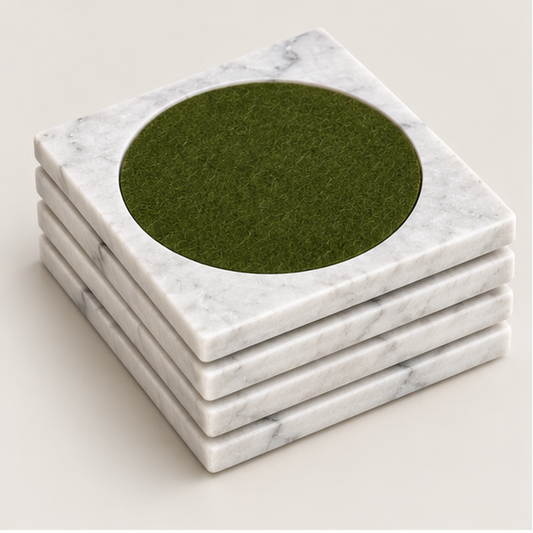 White Carrara marble coasters with olive felt inset, set of 4