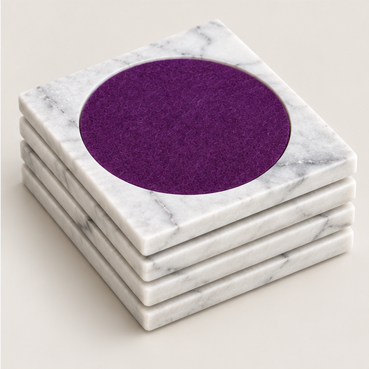 White Carrara marble coasters with purple felt inset, set of 4