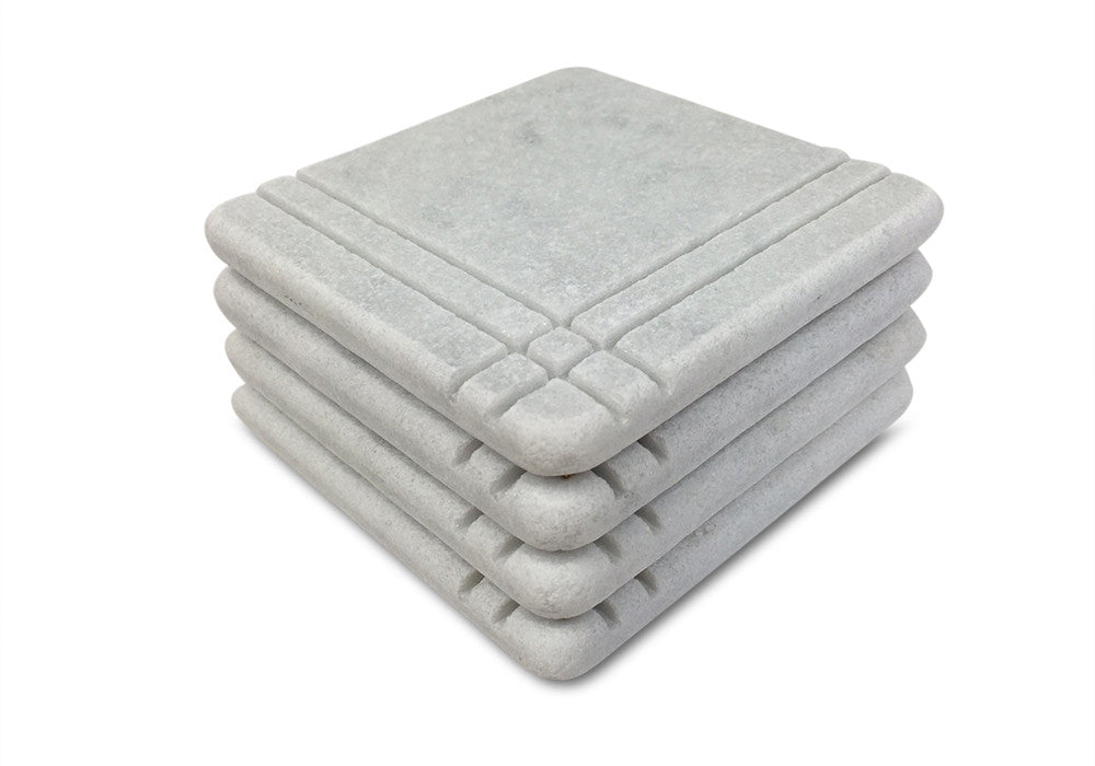 White Carrara Marble coaster with hand-carved linear border, Design A