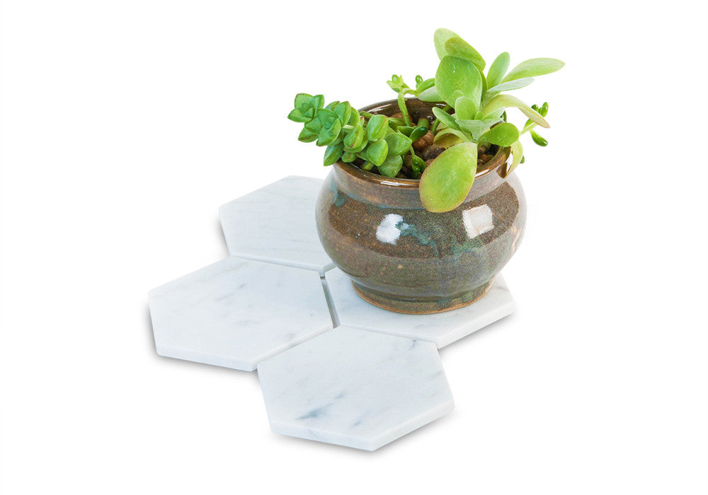 Hexagon Coasters in White Carrara Marble