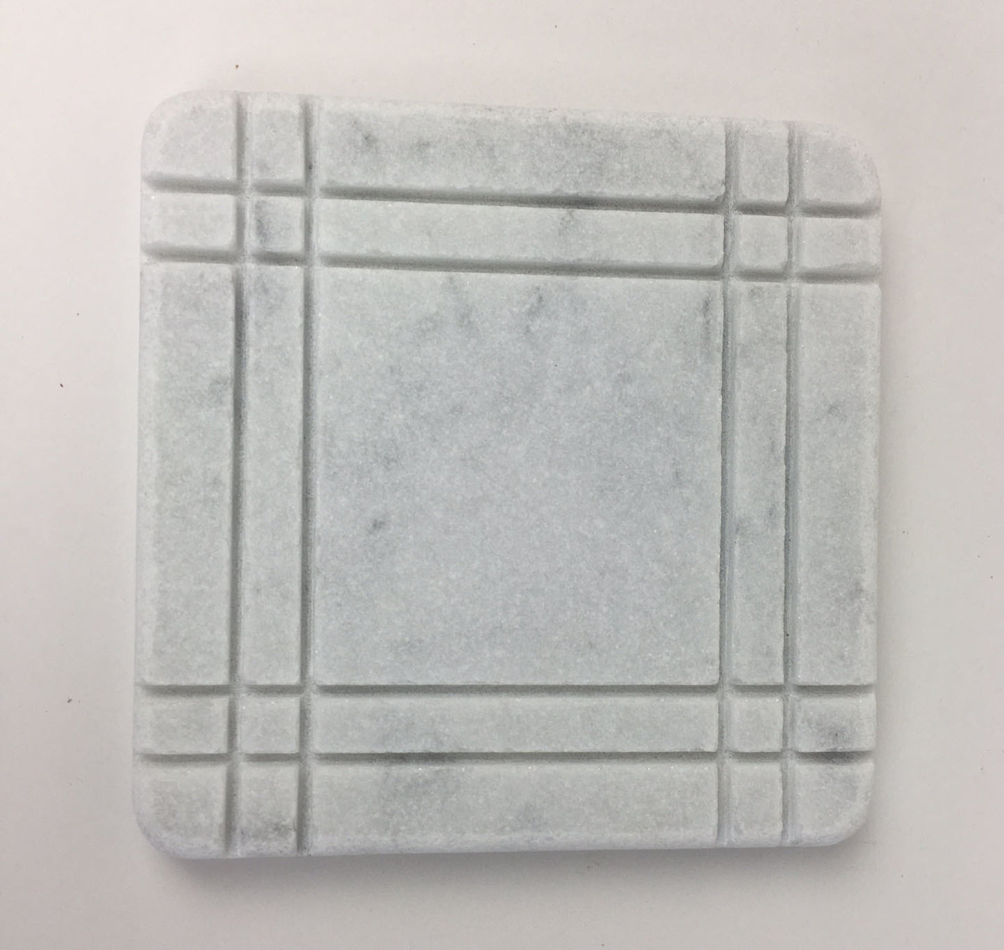 White Carrara Marble coaster with hand-carved frame border, Design B