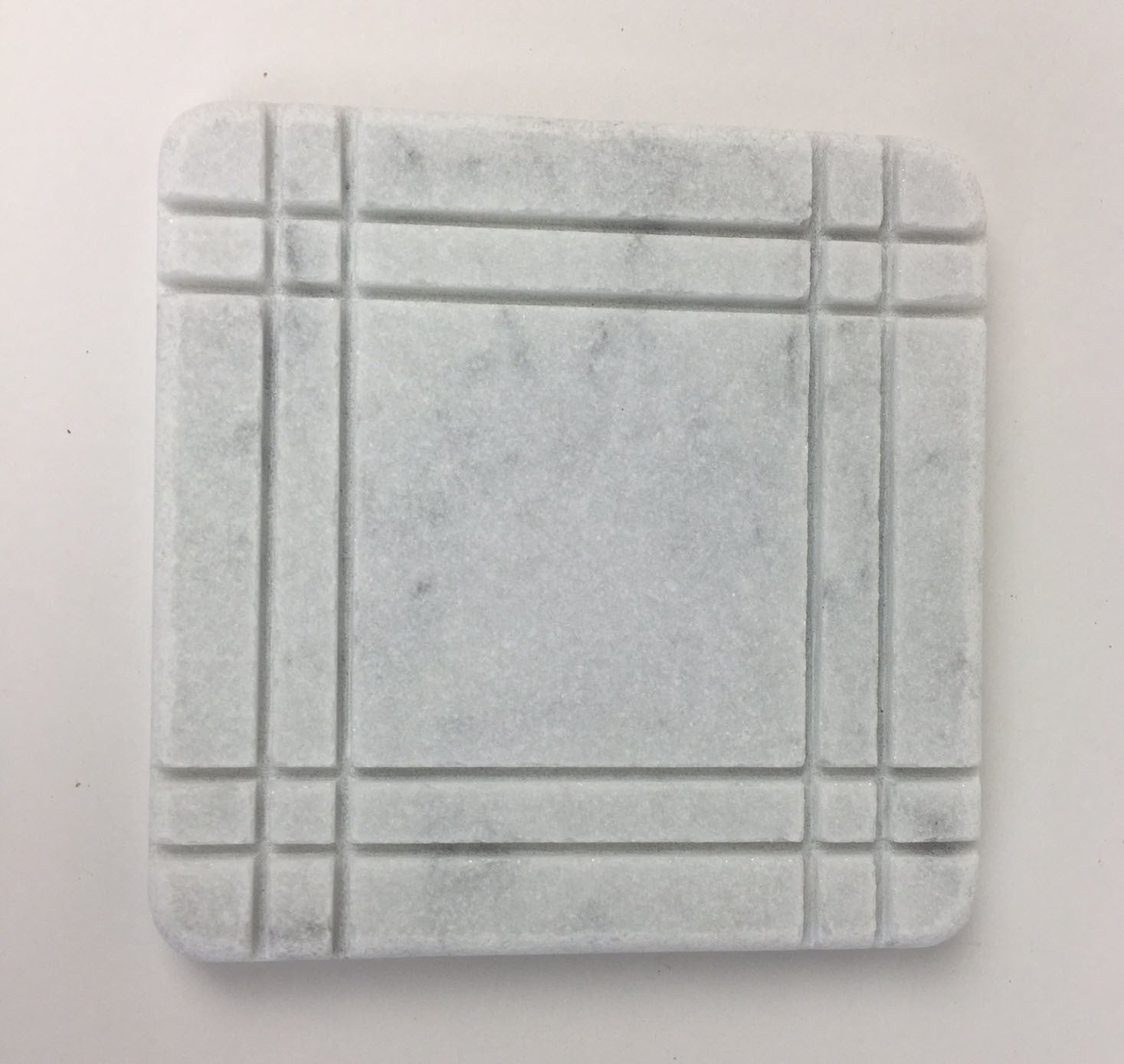 White Carrara Marble coaster with hand-carved frame border, Design B