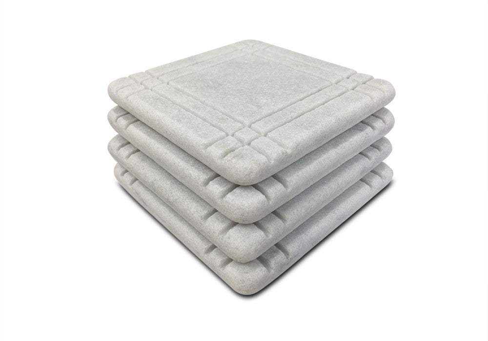 White Carrara Marble Coasters — Design B · Set of 4