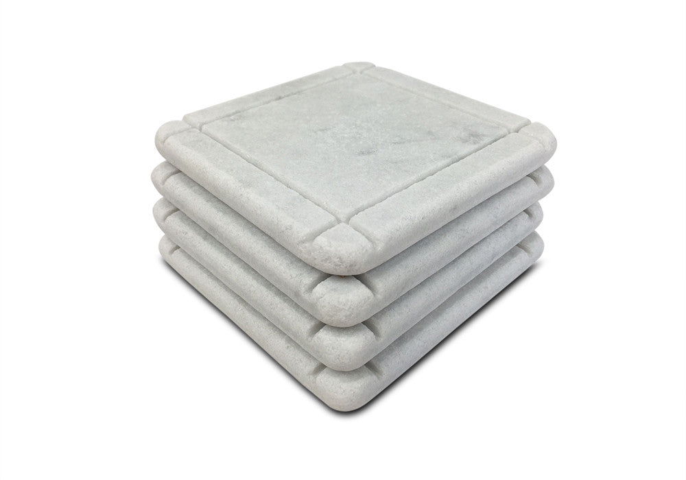 White Carrara Marble coaster with hand-carved linear accents, Design D