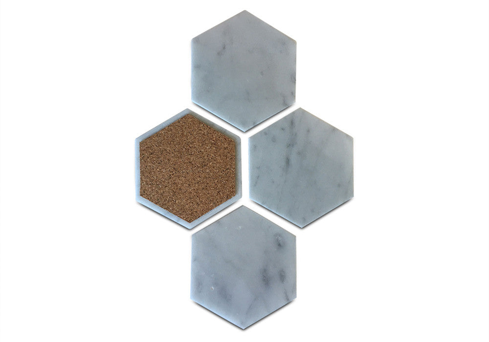 White Carrara Marble hexagon coasters, set of 4
