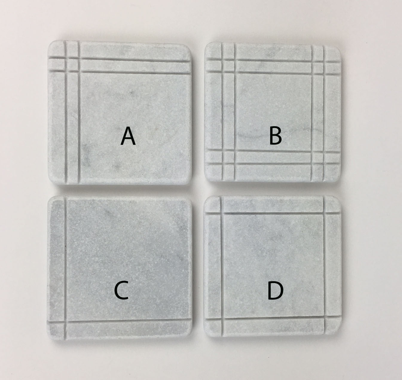 White Carrara Marble Coasters — Design A · Set of 4